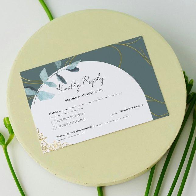 Minimal Chic Eucalyptus Greenery & Gold Accents RSVP Card (Creator Uploaded)