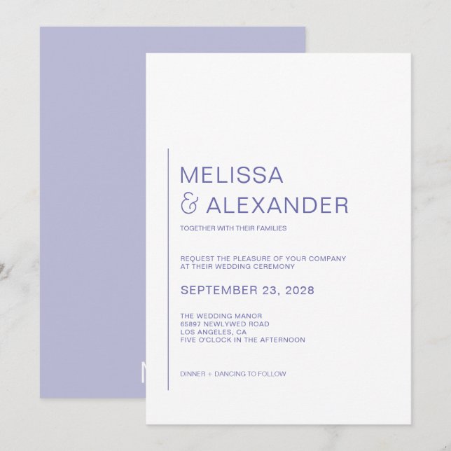 Minimal chic periwinkle white wedding invitation (Front/Back)