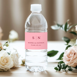 Minimal Chic Pink with Burgundy Monogram Wedding Water Bottle Label