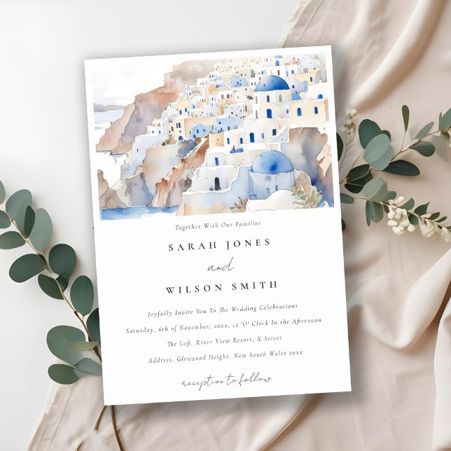 Minimal Chic Santorini Greece Watercolor Wedding Invitation (Creator Uploaded)