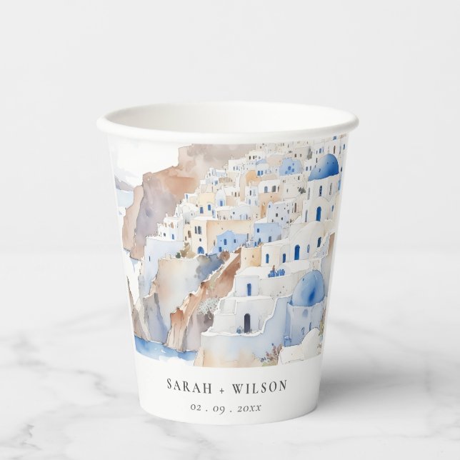 Minimal Chic Santorini Greece Watercolor Wedding Paper Cups (Front)
