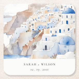 Minimal Chic Santorini Greece Watercolor Wedding Square Paper Coaster