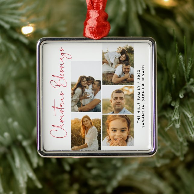 Minimal Christmas Blessings Script Family 5 Photos Metal Ornament (Tree)