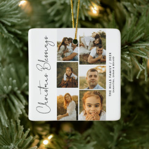 Minimal Christmas Blessings Script Family 6 Photos Ceramic Ornament