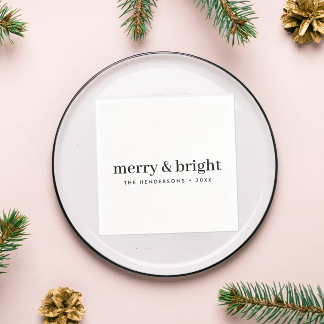 Minimal Christmas | Merry and Bright Simple White Napkin (Personalized Christmas napkins created for elegant, modern, and timeless table settings)