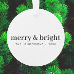 Minimal Christmas | Merry and Bright Simple White Ornament<br><div class="desc">Simple,  stylish,  minimalist christmas ornament with a modern minimalist typographic quote "merry & bright" in black on a clean minimal white background. The name,  year and greeting can be easily customized for a personal touch,  perfect for the festive season! #christmas #merryandbright #minimal</div>