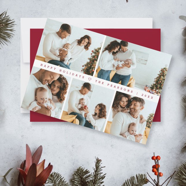 Minimal Christmas Modern Family Photoshoot Red  Holiday Card (Modern Red Simple photo family collage happy holidays card.)