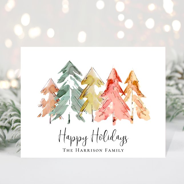 Minimal Christmas Pine Trees Watercolor Photo Holiday Postcard (Creator Uploaded)