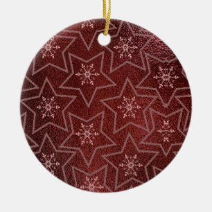 Minimal Christmas Snowflakes and Stars Maroon Ceramic Ornament