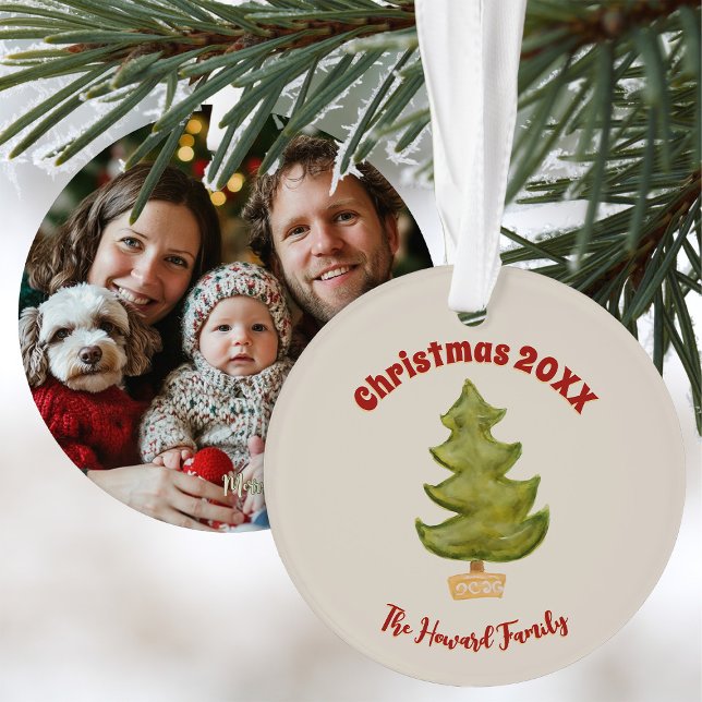 Minimal Christmas Tree Family Photo Simple Kitschy Ornament (Creator Uploaded)