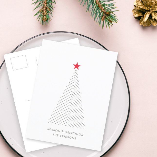 Minimal Christmas Tree | Red Star Clean Simple Hol Holiday Postcard (Share festive Scandi charm with a modern minimalist Christmas Tree postcard by Guava)