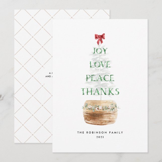Minimal Christmas Tree Typography Green Red Holiday Card (Front/Back)