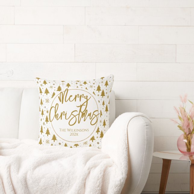 Minimal Christmas Tree White Gold Throw Pillow (Couch)