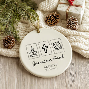 Minimal Church Cross Bible Baptism Ceramic Ornament