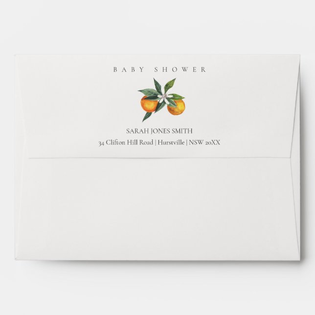 Minimal Citrus Orange Botanical Boho Baby Shower Envelope (Back (Top Flap))