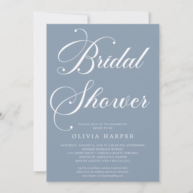 Minimal Classic Dusty Blue Script Bridal Shower  Invitation (Front)