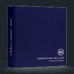 Minimal Classic Monogram Navy Binder<br><div class="desc">Professional monogrammed binder features a modern minimalist design in navy blue and white. Custom name presented in the lower right-hand corner in stylish simple font with a complimentary minimal monogram medallion. A modern binder for home or office, a professional monogrammed binder for your workspace. Ideal for consultants, attorneys, real estate...</div>