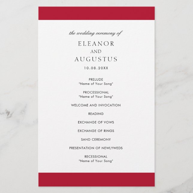 Minimal Classic Red Elegant Budget Wedding Program (Front)