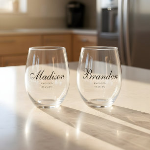 Minimal Classic Script Couple Names Engagement Stemless Wine Glass