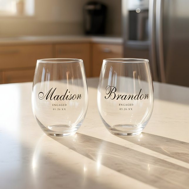 Minimal Classic Script Couple Names Engagement Stemless Wine Glass (Creator Uploaded)