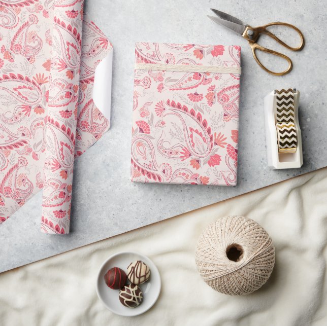 Minimal Classy Modern Blush Pink Red Paisley Wrapping Paper (Crafts)