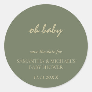 Minimal Clean Sage Gold Script BABY Save Date Classic Round Sticker