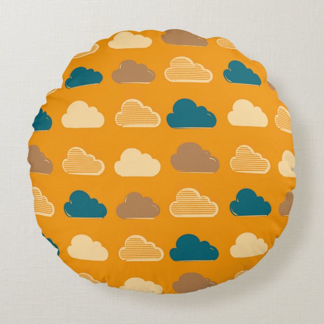 Minimal Clouds Pattern – Orange Sky Vibes Round Pillow (Front)