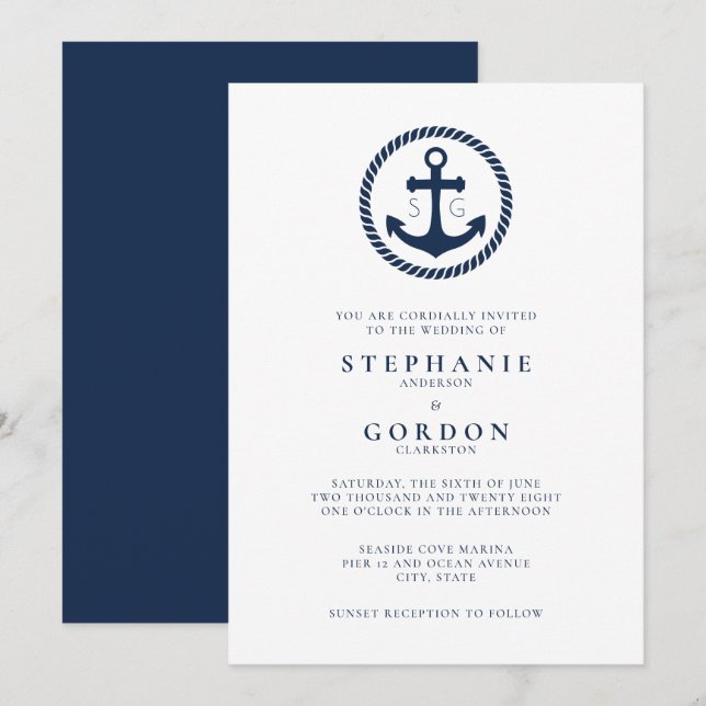 Minimal Coastal Monogram Nautical Wedding Invitation (Front/Back)