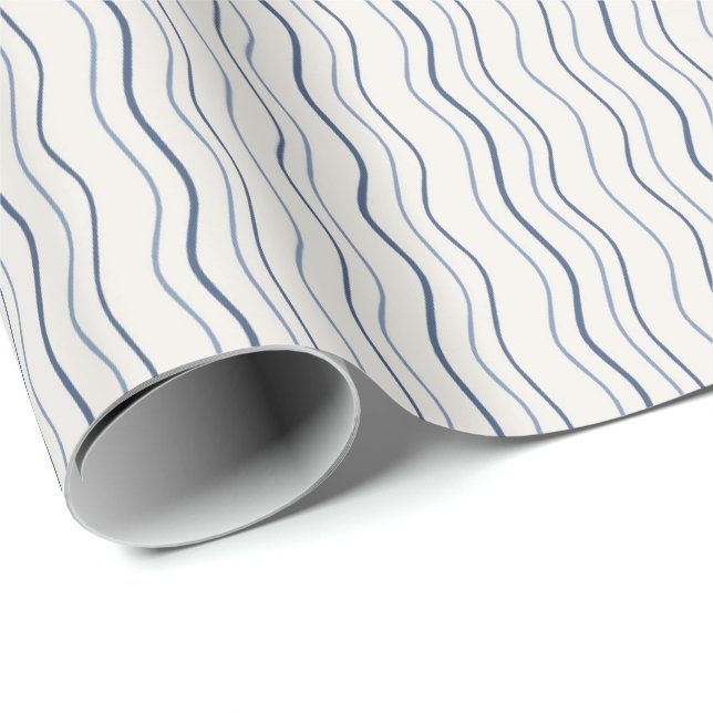 Minimal Coastal Wavy Stripe Blue Pattern Wrapping Paper (Roll Corner)