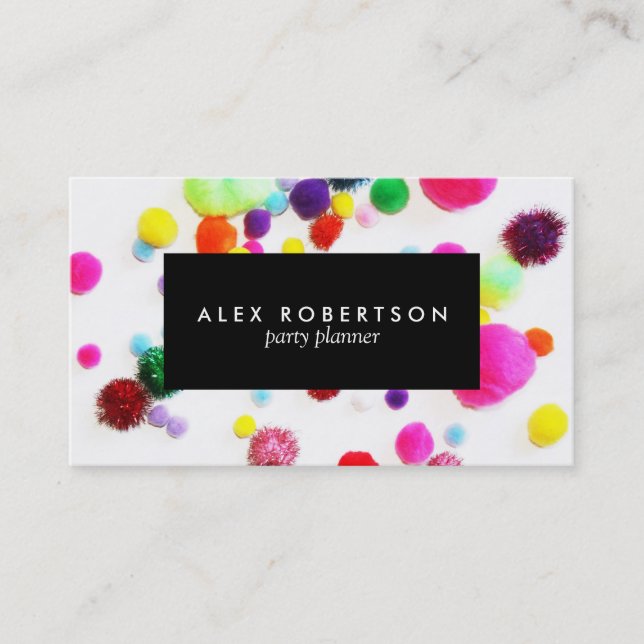 Minimal colourful pom pom business card (Front)