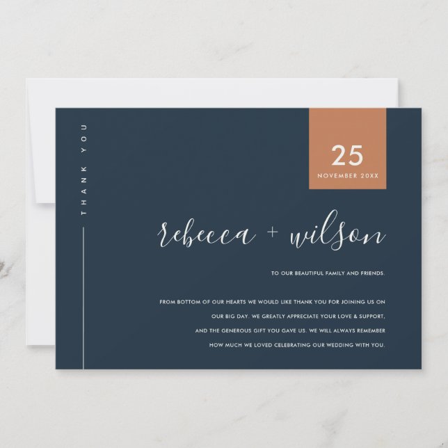 MINIMAL COOL NAVY RUST ORANGE TYPOGRAPHY WEDDING THANK YOU CARD (Front)