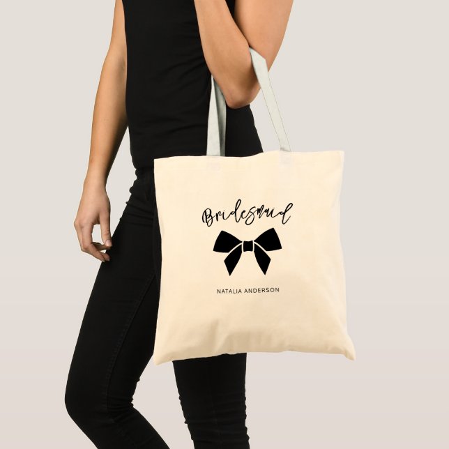 Minimal Coquette Black Bow Script Bridesmaid  Tote Bag (Front (Product))