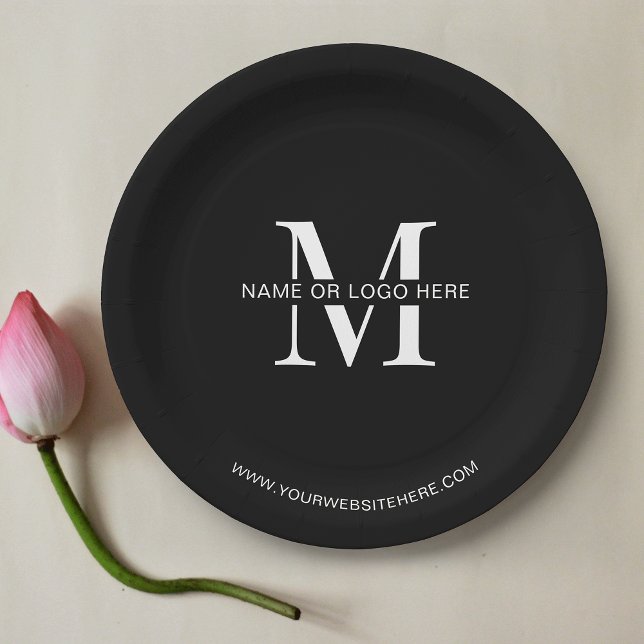 Minimal Corporate Event Business Logo Custom Black Paper Plate (Minimalist black branded business monogram or logo paper plates for event)