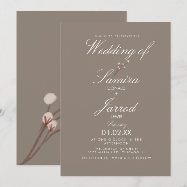 Minimal Cotton Plant Earthy Wedding Invitation (Front/Back)