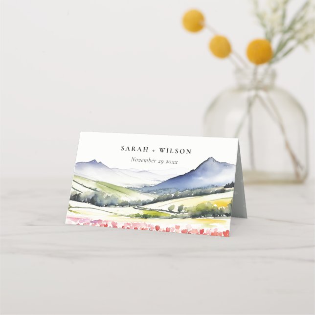 Minimal Country Spring Floral Landscape Wedding In Place Card (Front)