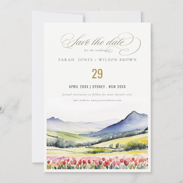 Minimal Country Spring Floral Landscape Wedding In Save The Date (Front)