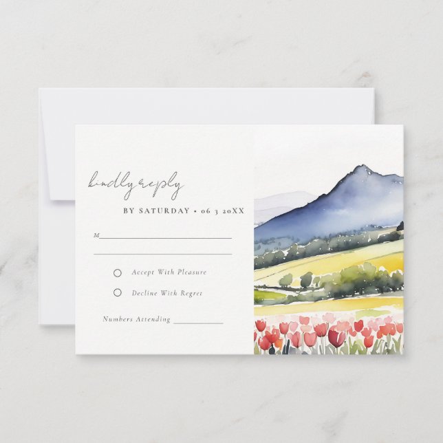 Minimal Country Spring Floral Landscape Wedding RSVP Card (Front)