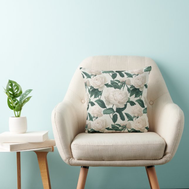 Minimal Cream Peony White Floral Pattern Throw Pillow (Chair)