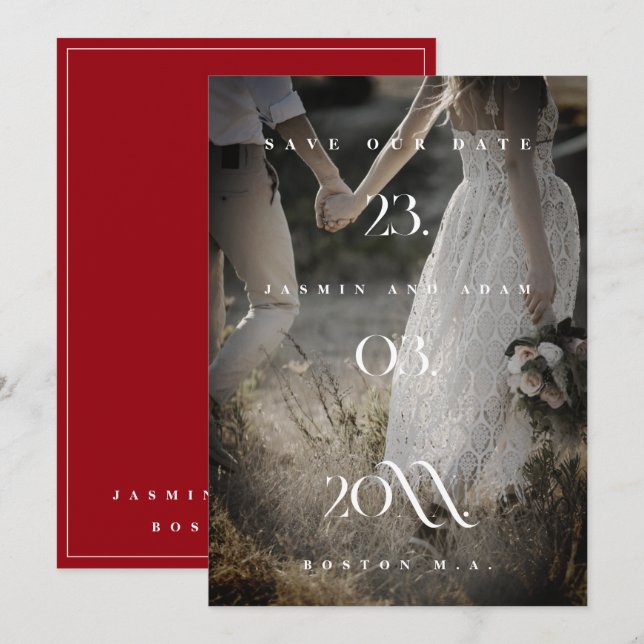 Minimal Crimson Red Photo Wedding Save the Date (Front/Back)