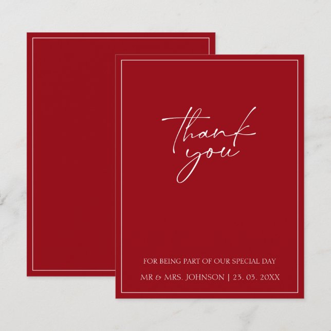 Minimal Crimson Red Script Typography Wedding Thank You Card (Front/Back)