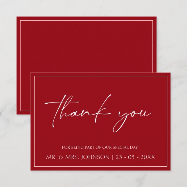 Minimal Crimson Red Script Wedding Thank You Card (Front/Back)