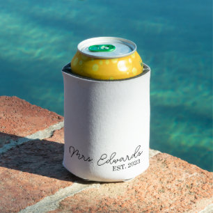 Minimal Cursive Mrs. Custom Last Name Wedding Gift Can Cooler