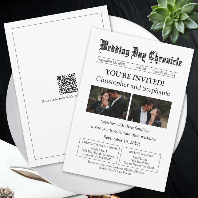 Minimal Custom 2 Photo QR Code Newspaper Wedding Invitation (Customized Stylish Newspaper Style QR Code White Wedding Invitation)