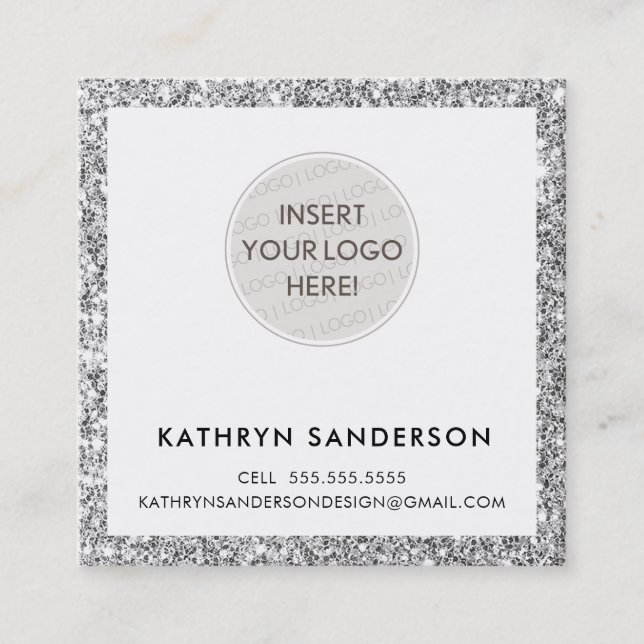 MINIMAL CUSTOM LOGO modern chic silver glitter Square Business Card (Front)