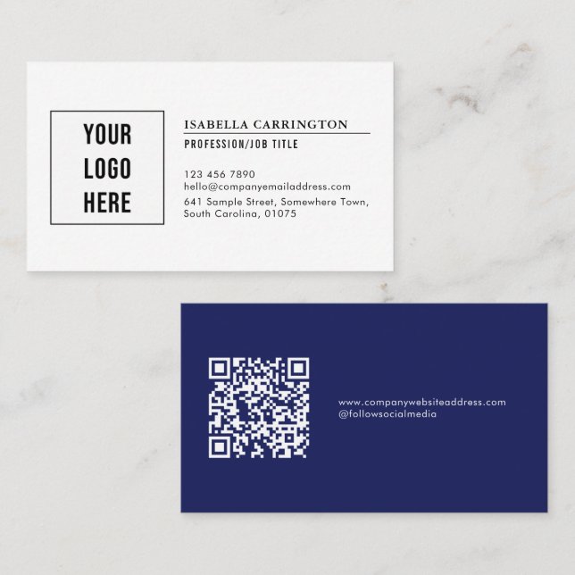 Minimal Custom Logo QR Code Blue White Business Card (Front/Back)