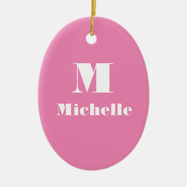 Minimal Custom Name Initial Solid Colour Pink Ceramic Ornament (Front)