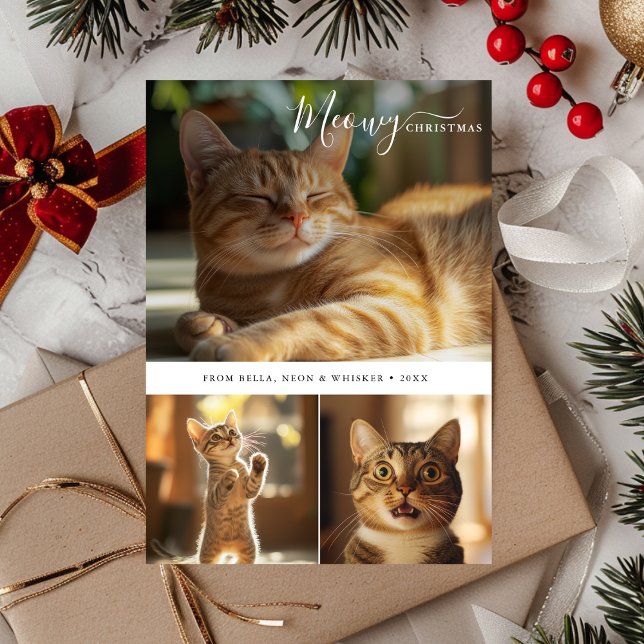 Minimal Cute Cat Meowy Christmas 3 Photo Collage  Holiday Card (Creator Uploaded)