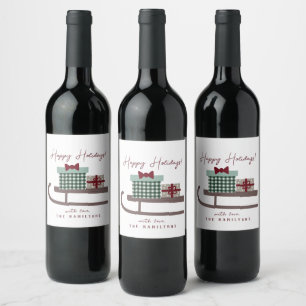 Minimal Cute Happy Holidays Sleigh  Wine Label