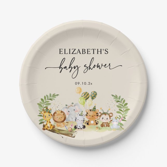Minimal Cute Jungle Animals Baby Shower Paper Plate (Front)