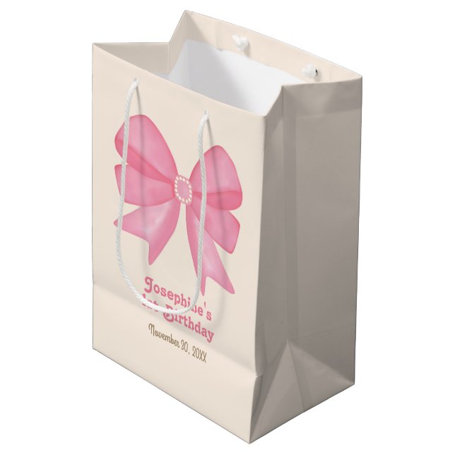 Minimal Cute Pink Bow Birthday Medium Gift Bag (Front Angled)